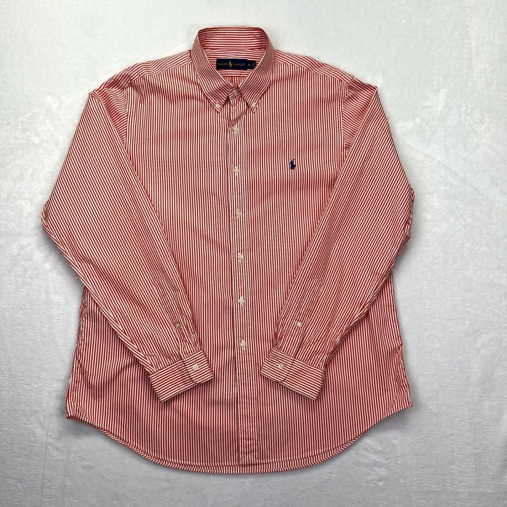 Ralph Lauren Button Down Shirt Mens XL Orange White Striped Preppy Cotton Logo